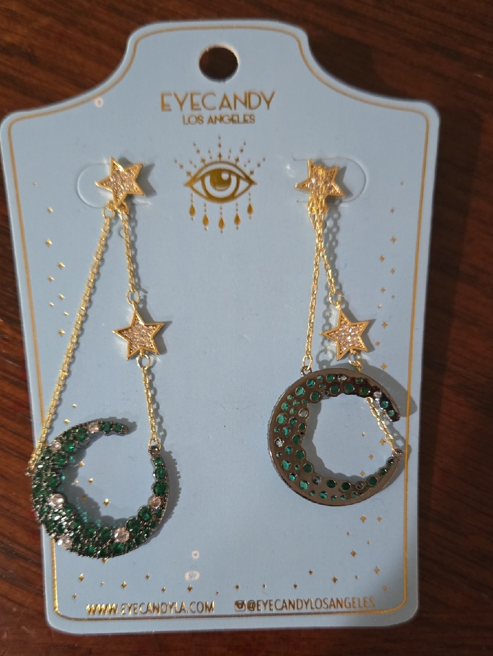 eye candy Gold Moon & Star Drop Earrings with Green Stones